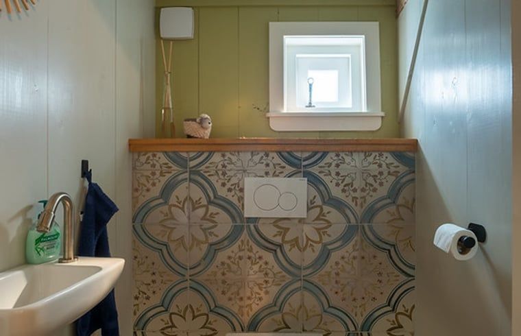 Stilvolle Toilette im Ferienhaus in Laren, mit einzigartigen Fliesenmustern, in Achterhoek, Gelderland.