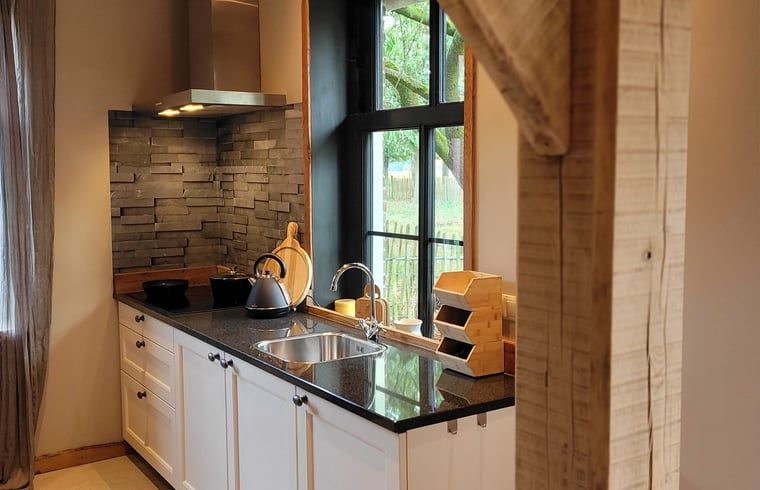 Moderne Kueche in einem Landhaus in Vragender, Achterhoek, mit Steinrueckwand und Holzakzenten.