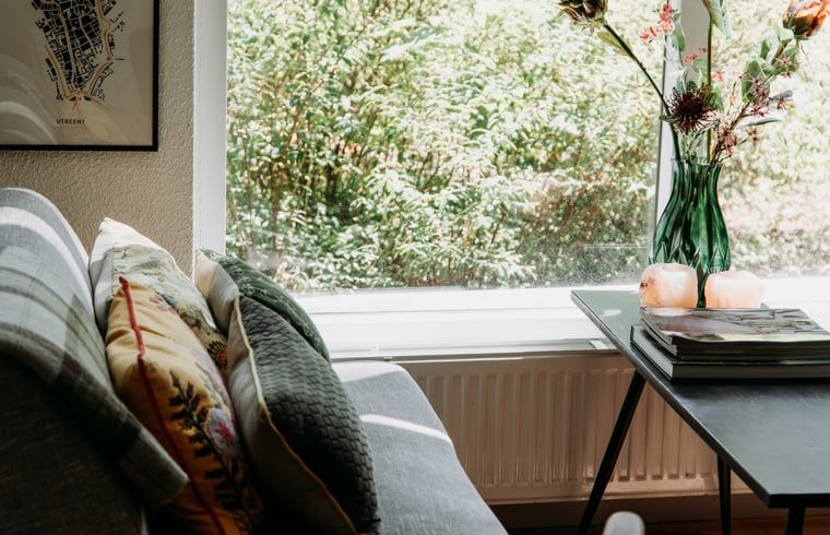 Zithoek in vakantiehuis in Lochem met kleurrijke kussens en natuurzicht.