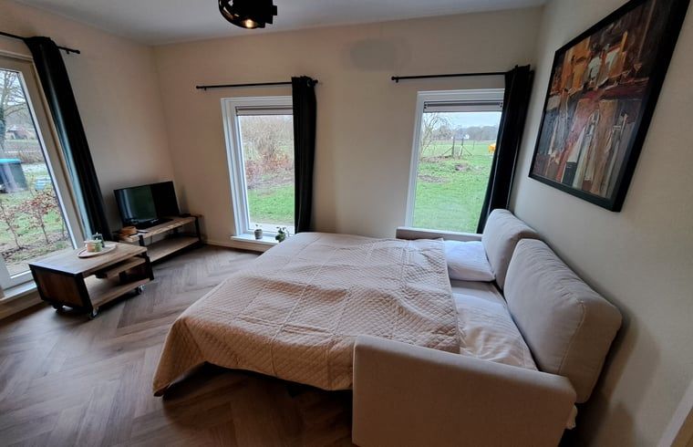 Uitklapbare slaapbank in Vakantiehuisje in Lochem, perfect voor extra gasten in de Achterhoek, Gelderland.