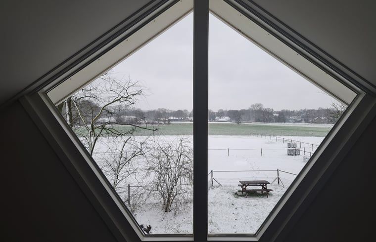 Winterlandschap gezien vanuit Vakantiehuisje in Lochem, met besneeuwde velden in de Achterhoek, Gelderland.