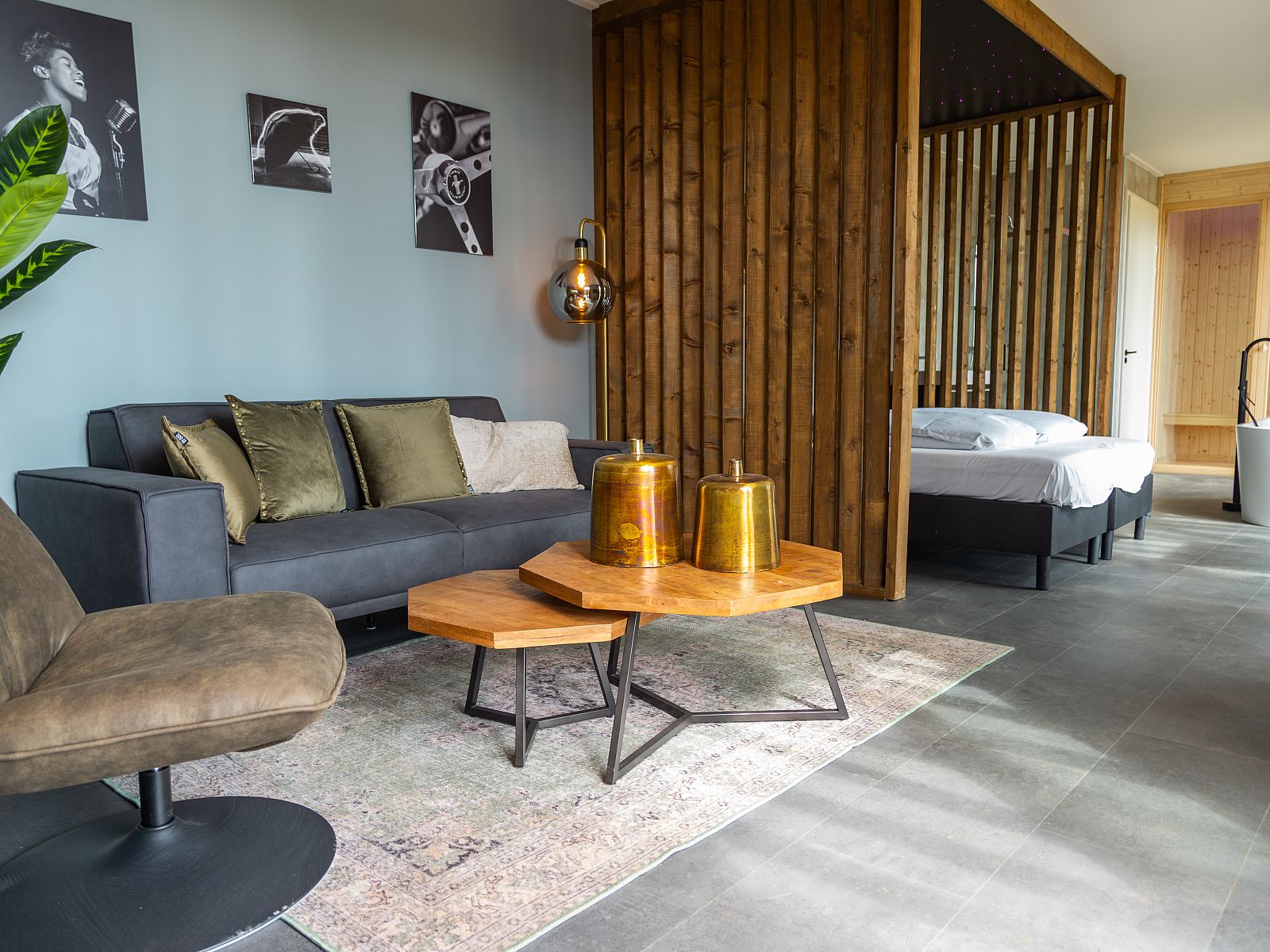 Stylish living room in Chalet in Lochem with modern furnishings, Achterhoek, Gelderland.