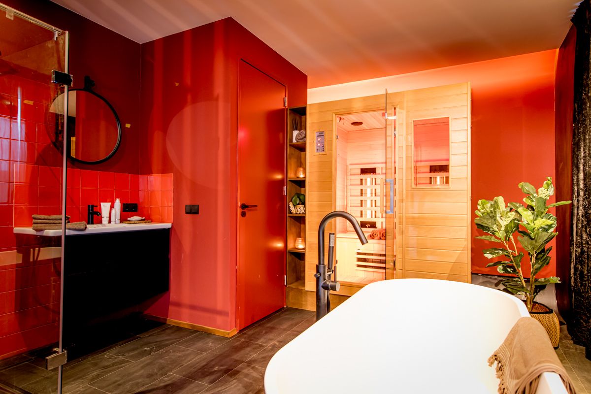 Wellness area in Chalet in Lochem with sauna and luxury bathroom, Achterhoek, Gelderland.