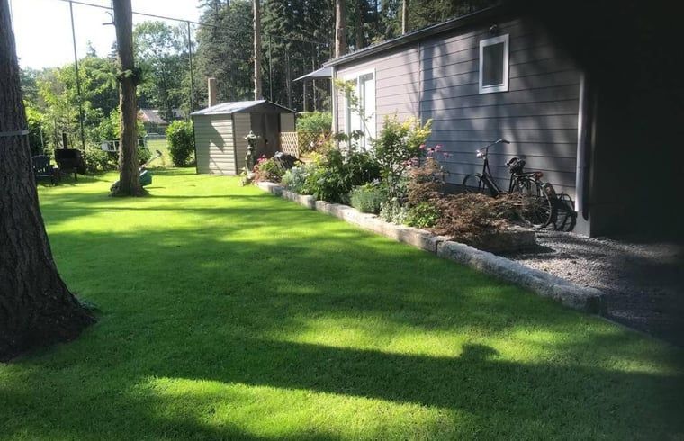 Sonniger Garten mit Schuppen im Ferienhaus in Lochem, Achterhoek, Gelderland.