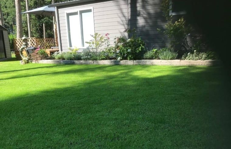 Rasen und Blumen am Ferienhaus in Lochem, ideal fuer Naturliebhaber.