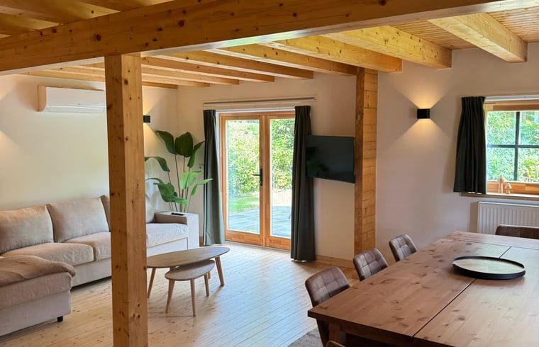 Gezellige woonkamer van Vakantiehuis in Lochem, Achterhoek, Gelderland met houten balken, ruime zithoek en uitzicht op groene tuin.