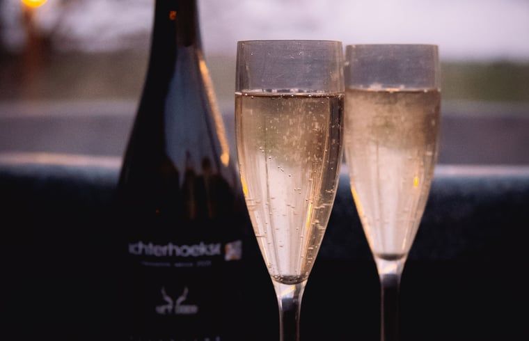 Bubbels en wijn bij zonsondergang in Vakantiehuisje in Haarlo, Achterhoek, Gelderland voor een romantisch moment.