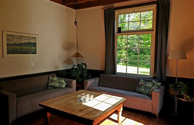 Cozy living room in Holiday Home in Vorden, Achterhoek, Gelderland with comfortable sofas and views of green nature.