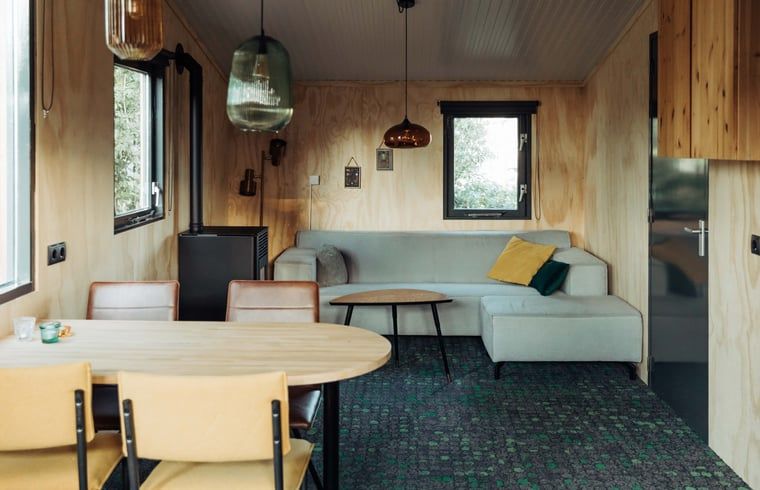 Gezellige woonkamer van Huisje in Doetinchem, vakantiehuis in Achterhoek, Gelderland, met moderne inrichting en uitzicht op de natuur.