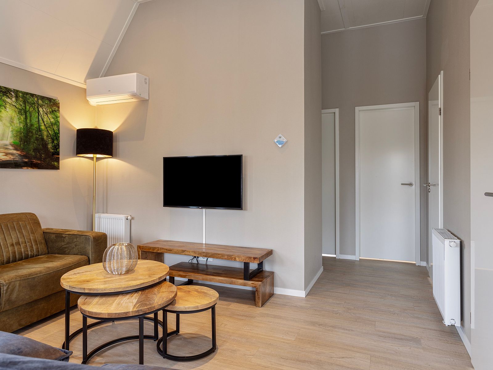 Module Notario Deluxe in Lichtenvoorde, Achterhoek, vakantiehuis met moderne woonkamer en flatscreen-tv.