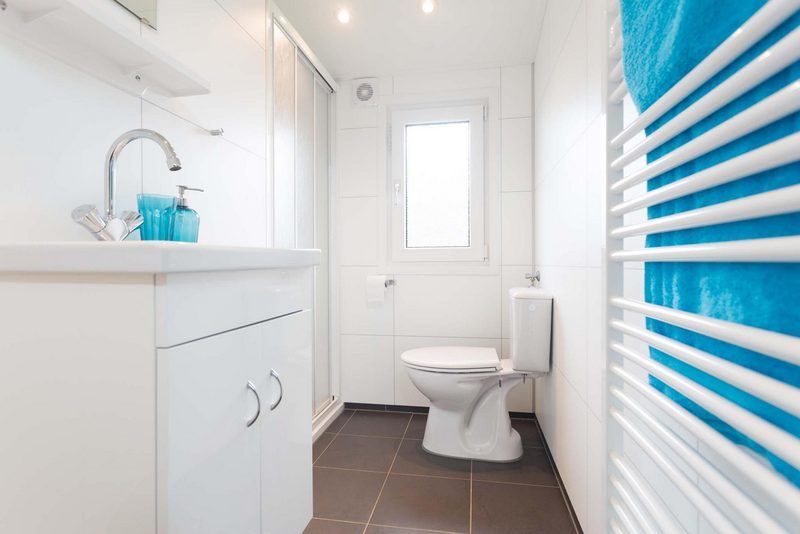 Moderne badkamer in Rialto 6 personen vakantiehuis Lichtenvoorde, Achterhoek, met douche en frisse uitstraling.