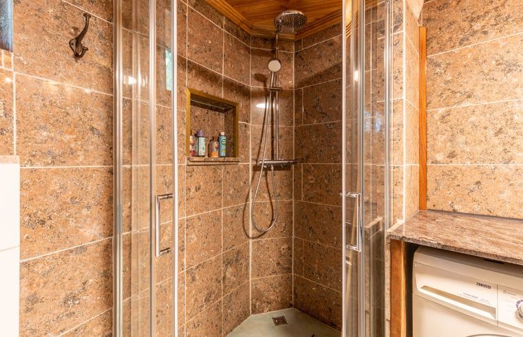 Moderne douche in Vakantiehuis in Neede, Achterhoek, met luxe afwerking en natuurlijke materialen.