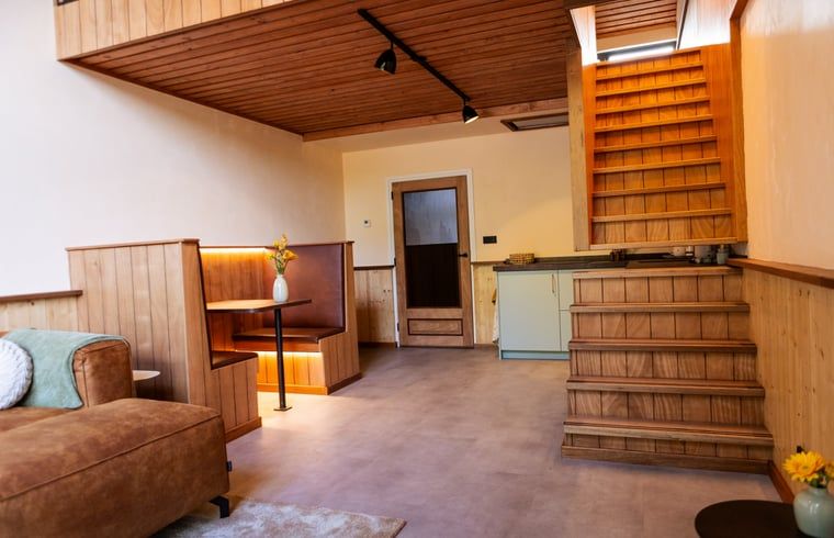 Gezellige binnenruimte van Vakantiehuisje in Neede, Achterhoek, met houten interieur en comfortabele zithoek.