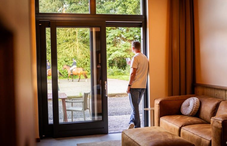 Uitzicht vanuit de woonkamer van Vakantiehuisje in Neede, Achterhoek, met zicht op de groene omgeving.