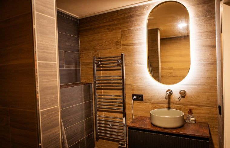 Stijlvolle badkamer in Vakantiehuisje in Neede, Achterhoek, met moderne voorzieningen.