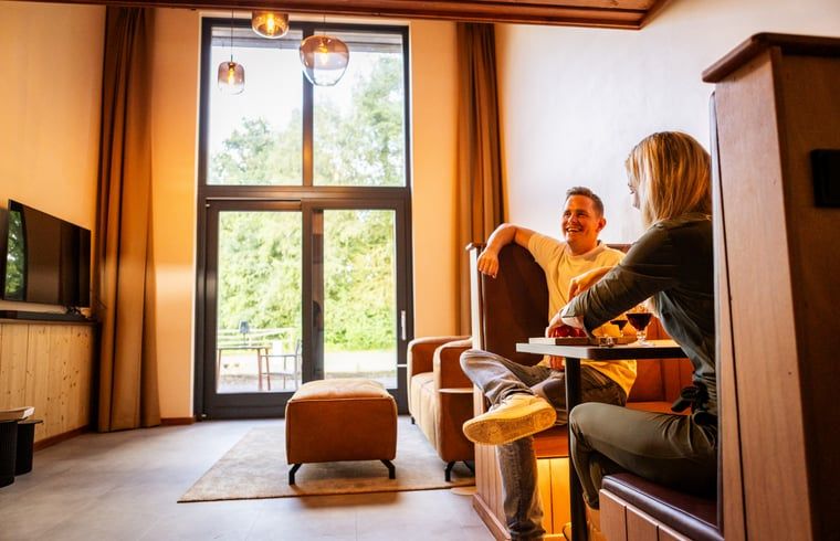 Ontspannen in de woonkamer van Vakantiehuisje in Neede, Achterhoek, met grote ramen voor veel daglicht.