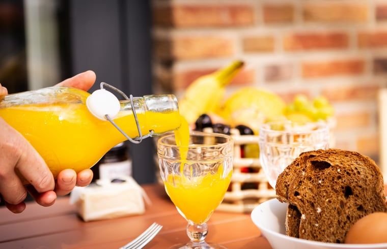 Vers sinaasappelsap op het terras van Vakantiehuisje in Neede, Achterhoek, genieten van een gezond ontbijt.