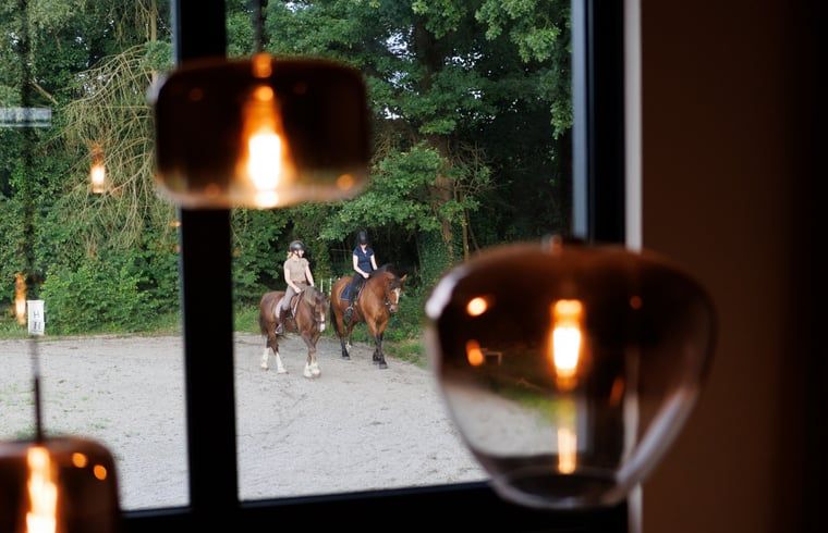 Uitzicht op ruiters vanuit Vakantiehuisje in Neede, Achterhoek, met sfeervolle verlichting.