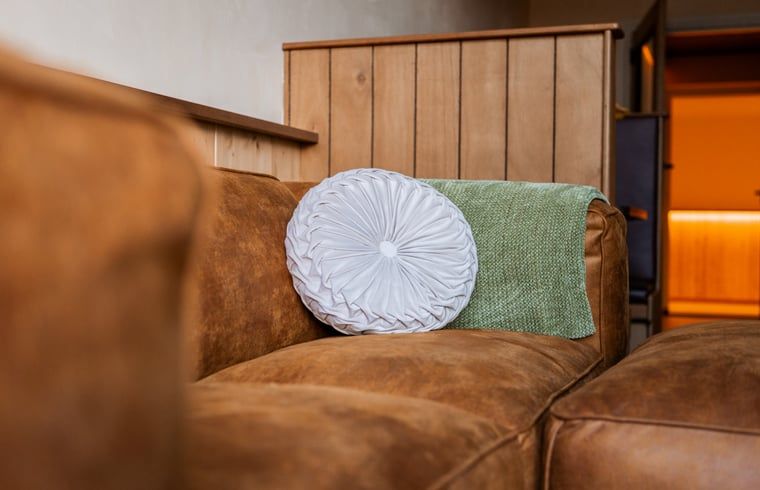 Comfortabele bank in Vakantiehuisje in Neede, Achterhoek, ideaal voor ontspanning.