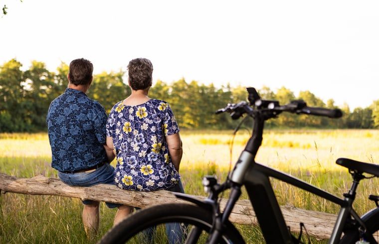 Koppel geniet van uitzicht in de natuur bij Vakantiehuisje in Neede, Achterhoek, met fiets.