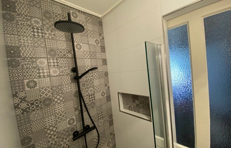 Shower with patterned tiles in Cottage in Gaanderen, Achterhoek