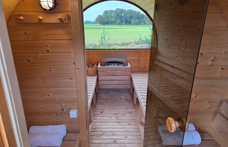 Holzsauna im Ferienhaus in Lievelde, Achterhoek, Gelderland. Erleben Sie Entspannung mit Blick auf die schoenen Felder.