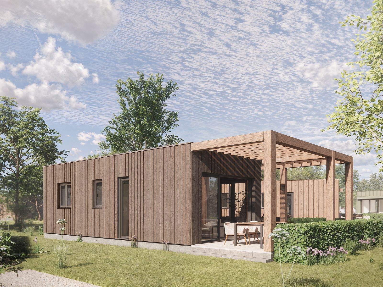 Chalet in Olburgen met moderne veranda, gelegen in de groene Achterhoek, Gelderland.