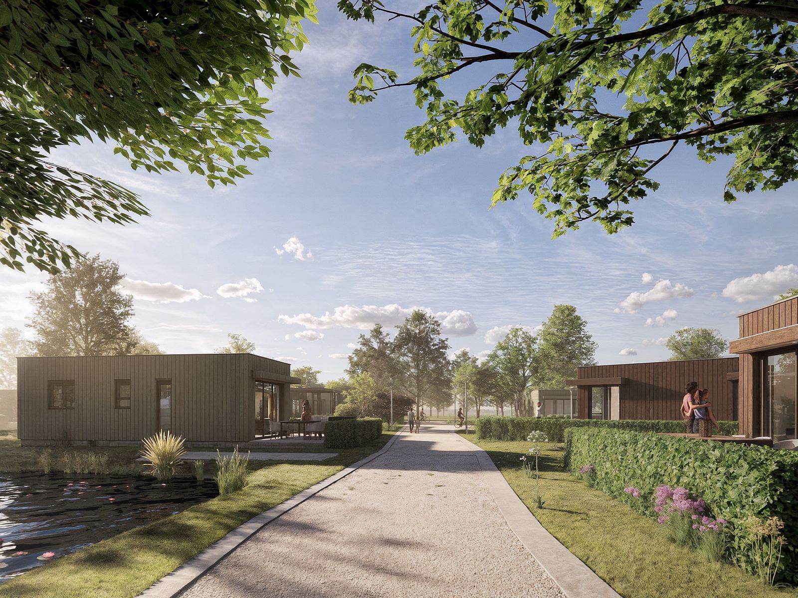 Rustige omgeving van Chalet in Olburgen, met uitzicht op vijver en natuur in de Achterhoek.