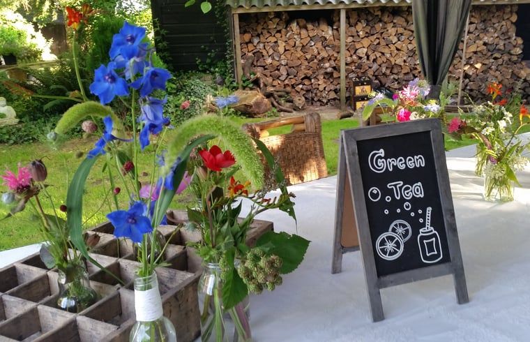 Garden of Cottage in Warnsveld, Achterhoek, with colorful flowers and tea table.