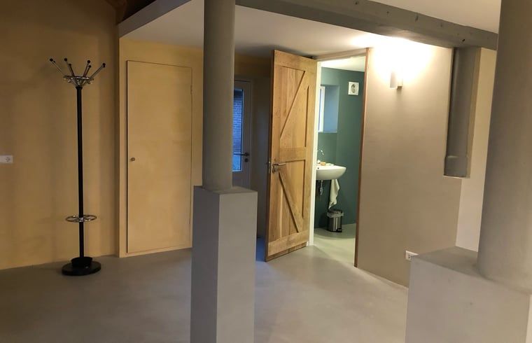 Cottage in Almen, Ferienhaus in Achterhoek, Gelderland. Modernes Badezimmer mit Holztuer und glatter Oberflaeche.