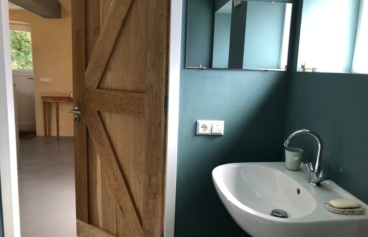 Cottage in Almen, Ferienhaus in Achterhoek, Gelderland. Elegantes Badezimmer mit Holzelementen und grossem Waschbecken.