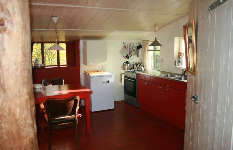 Open leefruimte in Vakantiehuis in Voorst Oude IJsselstreek, Achterhoek, Gelderland met houten vloer en moderne keuken.