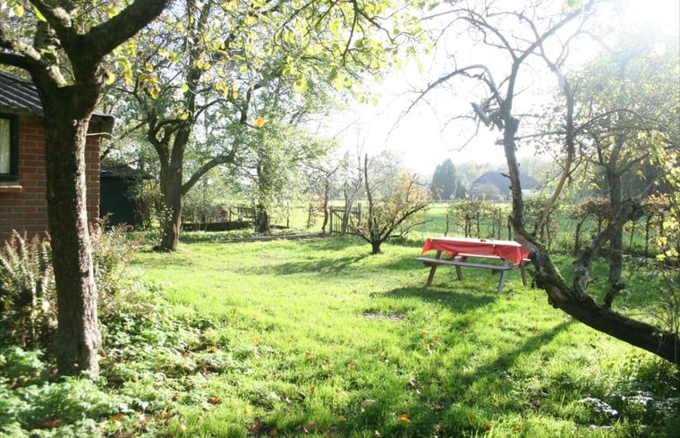 Houten poort in de tuin van Vakantiehuis in Voorst Oude IJsselstreek, Achterhoek, Gelderland met herfstbladeren.