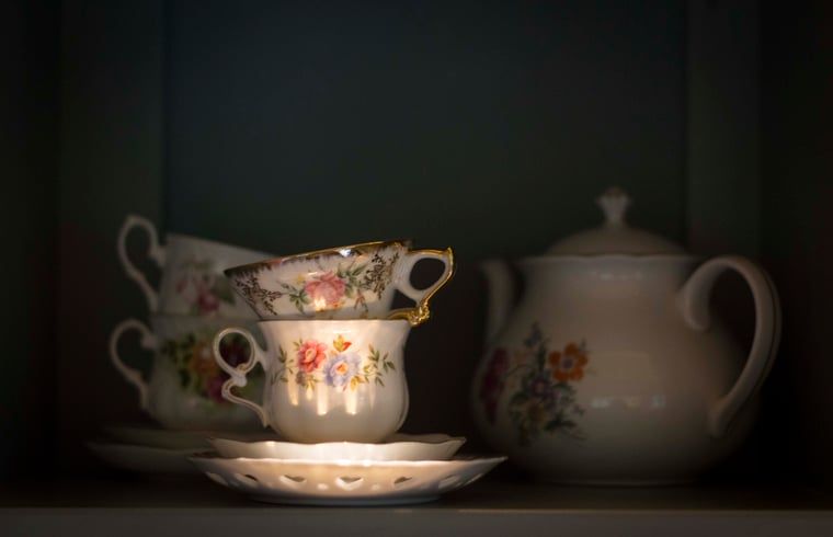 Fijne porseleinen servies in Vakantiehuisje in Joppe, een vleugje elegantie in de Achterhoek, Gelderland.