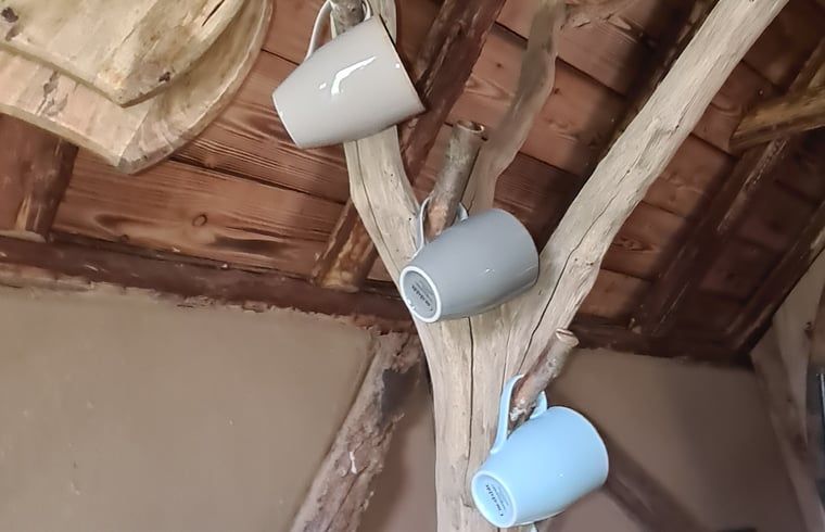 Rustikale Tassen auf einem Holzast im Ferienhaus in Winterswijk Corle, Achterhoek, Gelderland.