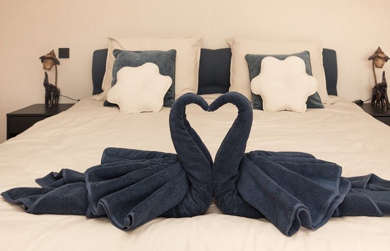 Romantic bedroom in Holiday Home in Wilp-Achterhoek with towel swans on the bed.