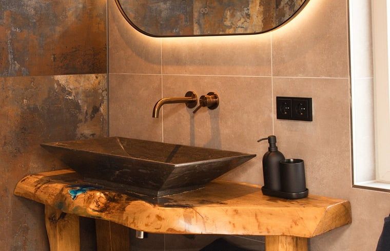 Rustic bathroom style in Cottage in Wilp-Achterhoek with wooden elements and modern sink.