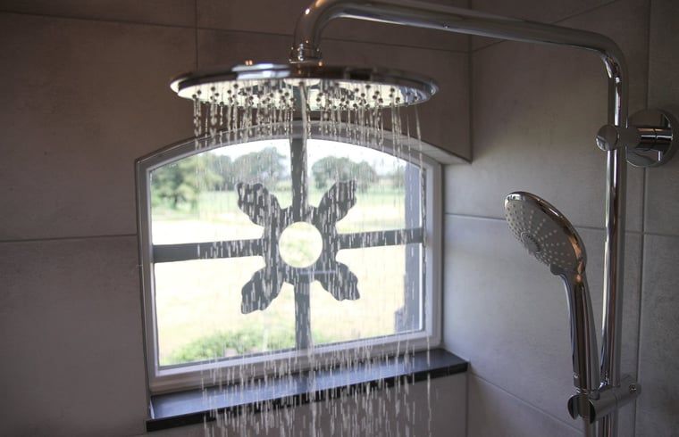Moderne badkamer in Vakantiehuis in Zieuwent, Achterhoek, met luxe regendouche en uitzicht op de groene natuur van Gelderland.
