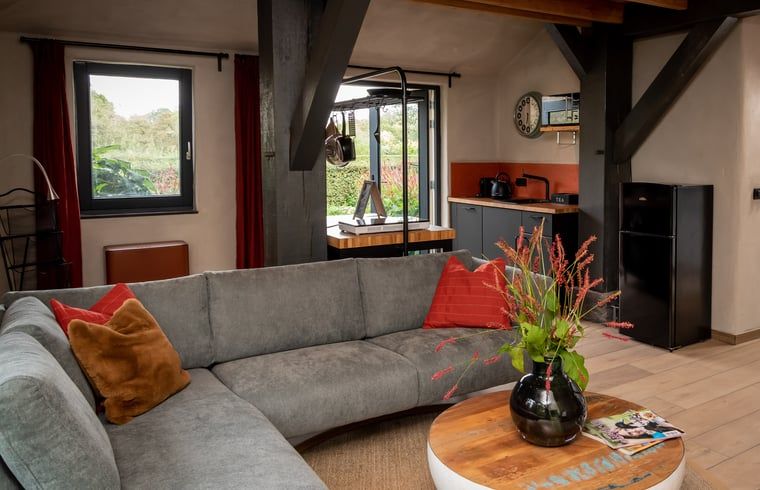 Ruime zithoek in Huisje in Empe, vakantiehuis Gelderse vallei, met uitzicht op de tuin.