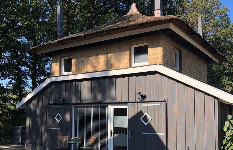 Huisje in Empe, vakantiehuis in de Gelderse vallei, met rieten dak en houten gevel.