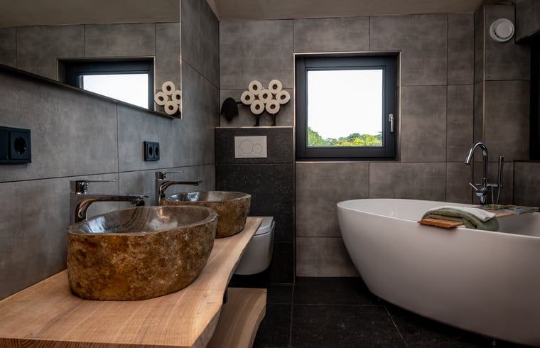 Luxe badkamer in Huisje in Empe, vakantiehuis Gelderse vallei, met vrijstaand bad en dubbele wastafel.