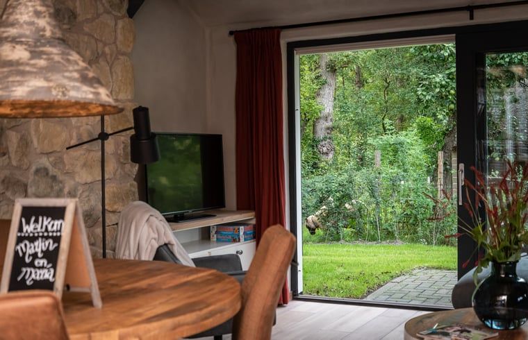 Open woonkamer in Huisje in Empe, vakantieverblijf Gelderland, met uitzicht op de groene tuin.