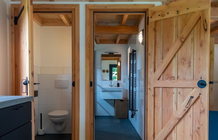 Moderne badkamer in Vakantiehuis in Empe, Gelderse vallei, Gelderland met houten deuren en stijlvolle inrichting.