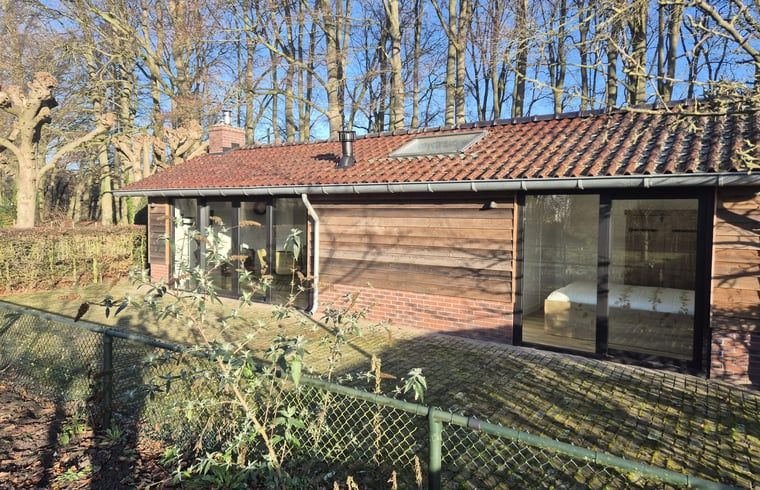 Ferienhaus in Harskamp auf der Veluwe, ein Ferienhaus inmitten der Natur in Gelderland mit einer sonnigen Terrasse und modernen Glasschiebetueren.