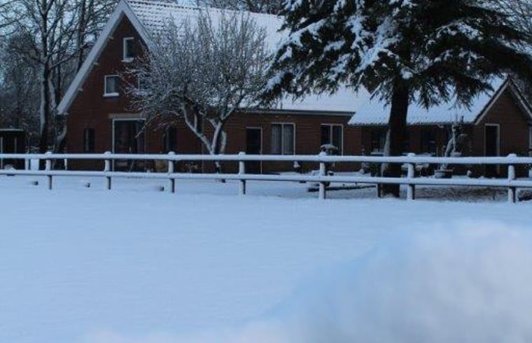 Huisje in Kootwijk bedekt met sneeuw, vakantiehuis in winterse Veluwe, Gelderland.