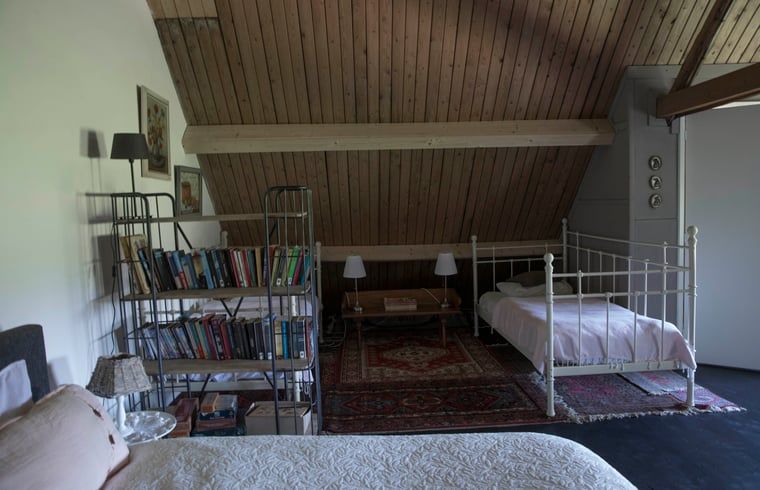 Ruime zolderkamer met boekenplanken in Huisje in Kootwijk, Veluwe, ideaal voor ontspanning.