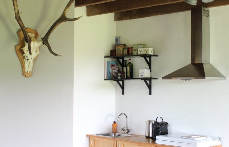 Moderne keukenhoek in Huisje in Kootwijk, Veluwe, met landelijke decoratie.