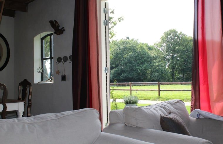 Uitzicht vanuit woonkamer van Huisje in Kootwijk, Veluwe, met toegang tot terras.