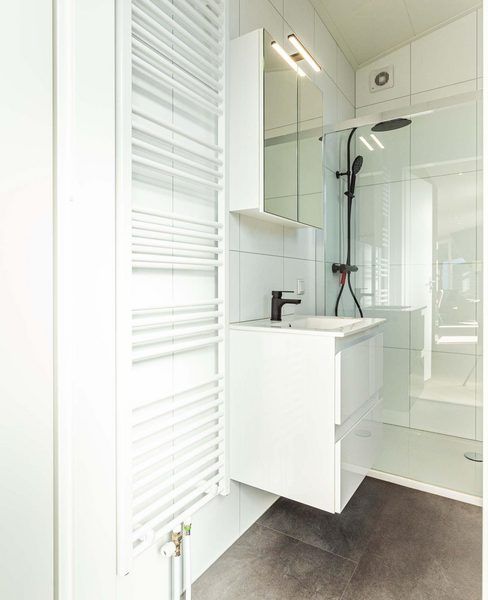 Moderne badkamer in Silva 4 personen vakantiehuis, Ede, Veluwe met inloopdouche.