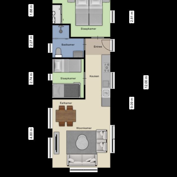 Plattegrond van Module Wood 5 personen vakantiehuis in Ede Veluwe met indeling van kamers en voorzieningen.